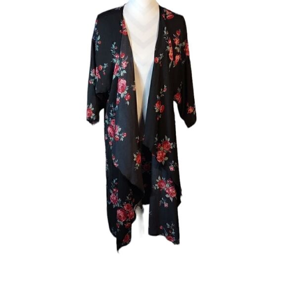 LuLaRoe Black Floral Open Front Kimono - Picture 1 of 8